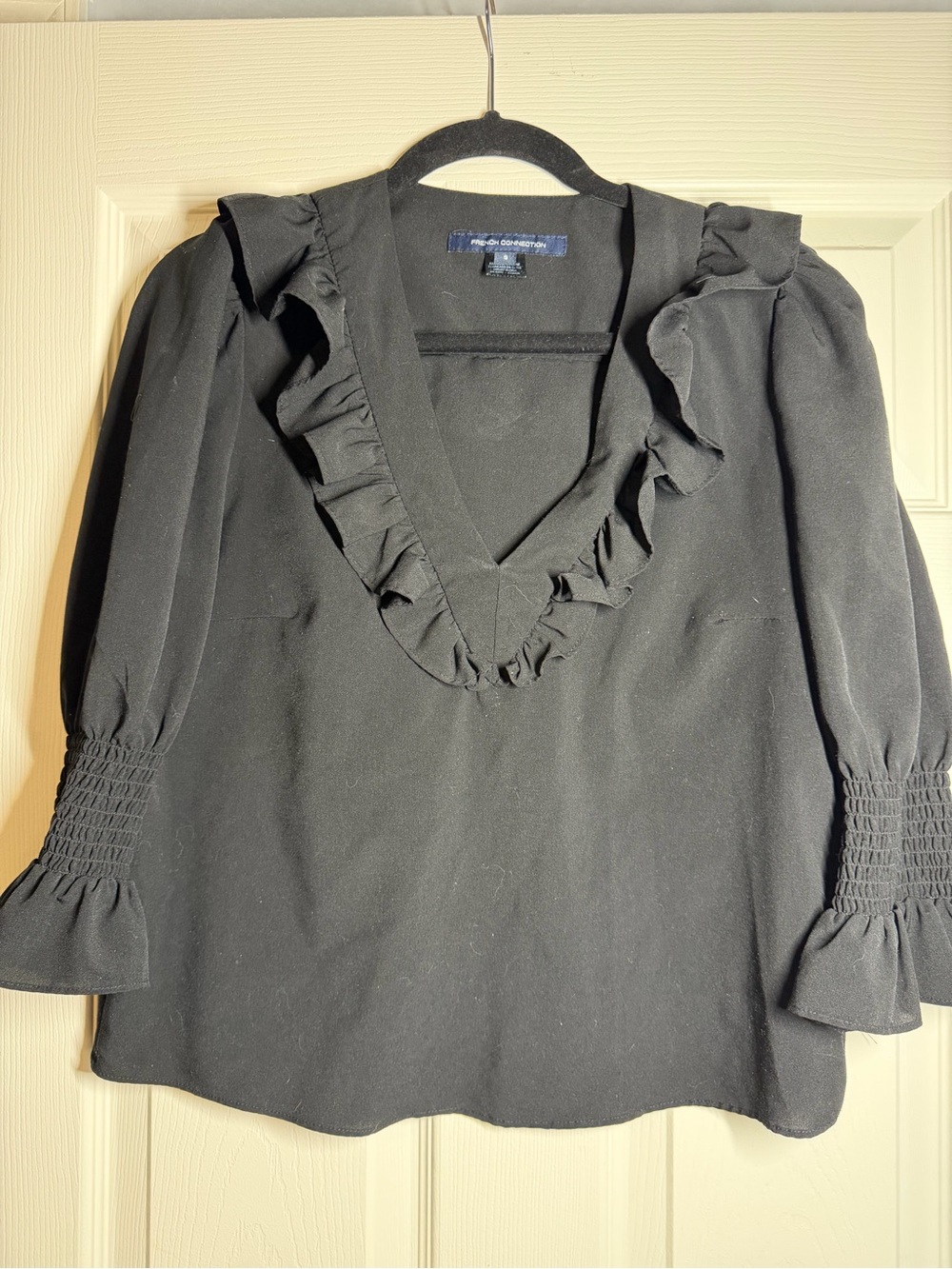 Ruffled V-Neck French Connection Blouse - Black